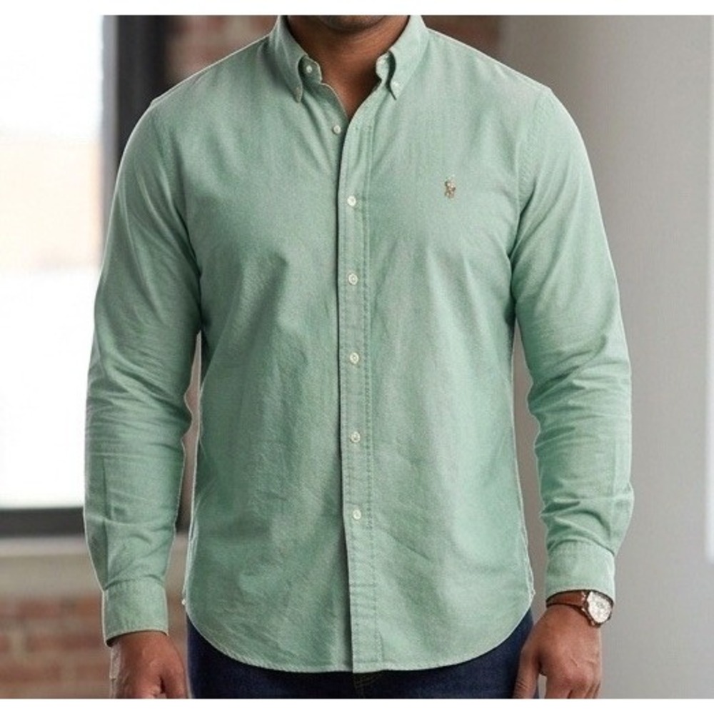 Ralph Lauren Button Down Shirt Mens L 17 34/35 Green Oxford Long Sleeve Cotton